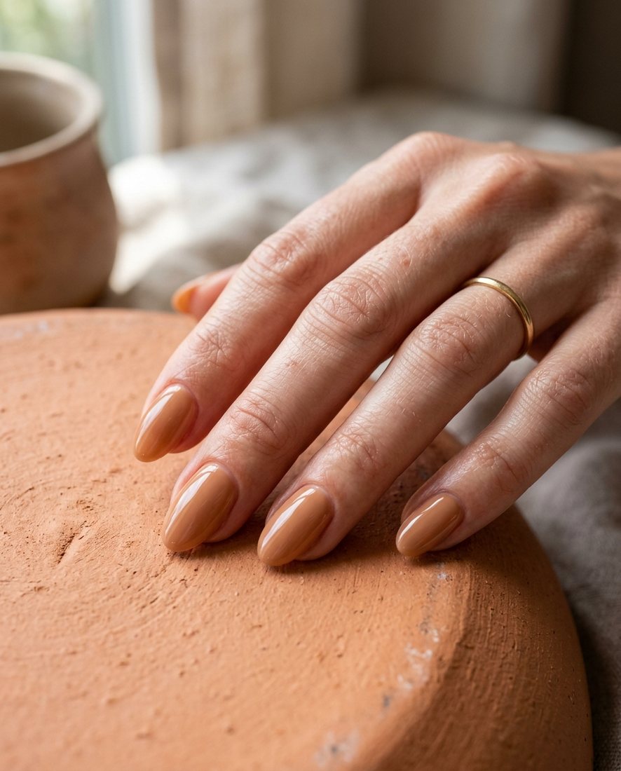 Glanzende hard-gel nagelverlenging in een warme klei-tint