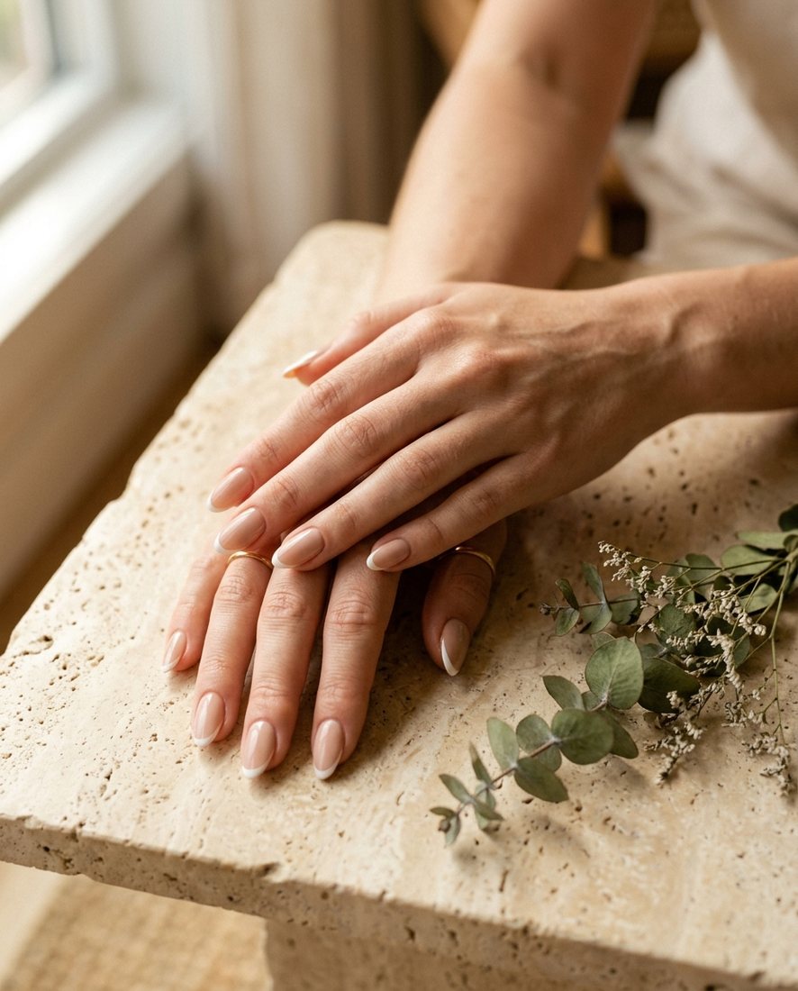Zachte nude-beige French manicure met fijne witte lijn
