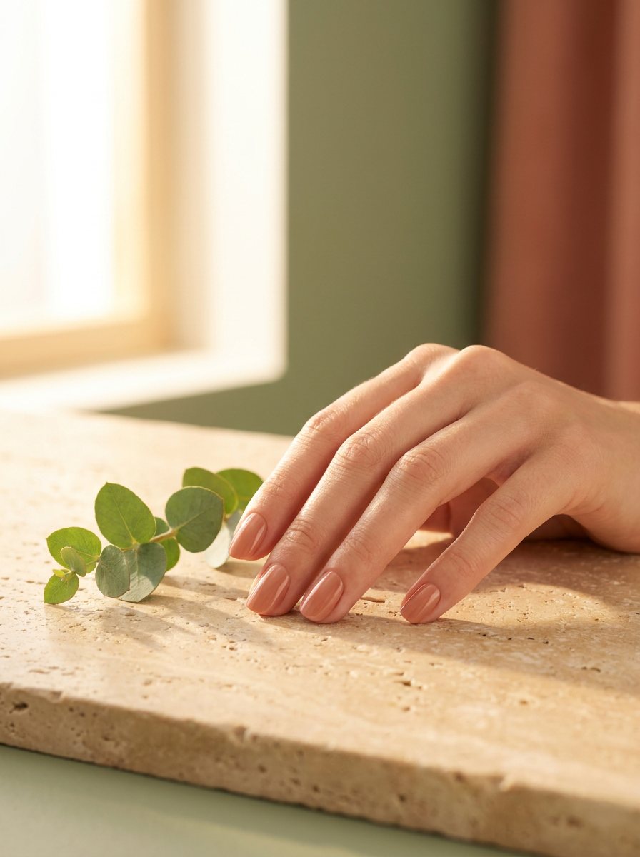 Verzorgde hand met een glanzende nude-terracotta manicure op een warme stenen ondergrond