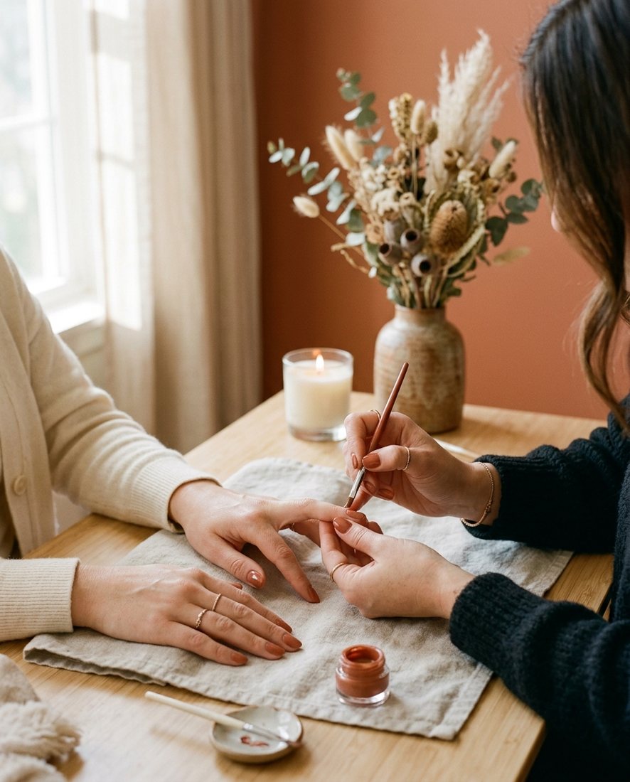 Nagelstyliste brengt zorgvuldig gelpolish aan in een warme klei-tint